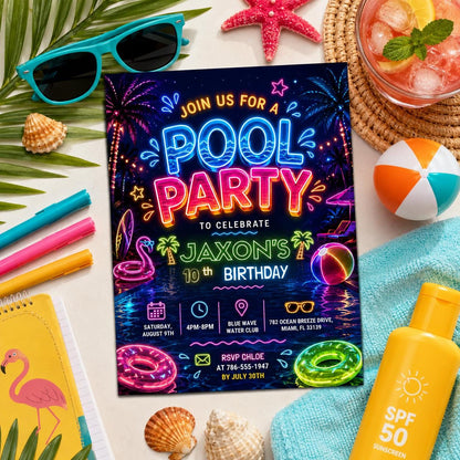 Editable Pool Birthday Invitation Canva Template, Floral Girls Teens Pool Cute Modern Fun DIY Chic Party Invite, Printable Digital Download.
