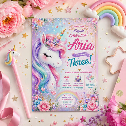 Editable Princess Birthday Invitation Canva Template, Pastel Girls Kids Cute Modern Fun Themed DIY Party Invite, Printable Digital Download.