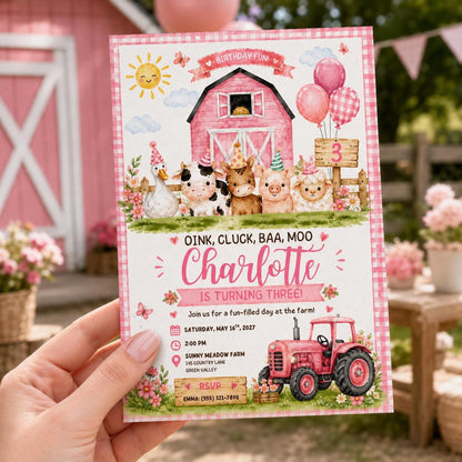 Editable Farm Animals Birthday Invitation Canva Template, Pink Girls Farm Cute Modern Fun DIY Chic Party Invite, Printable Digital Download.