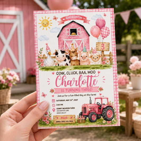 Editable Farm Animals Birthday Invitation Canva Template, Pink Girls Farm Cute Modern Fun DIY Chic Party Invite, Printable Digital Download.