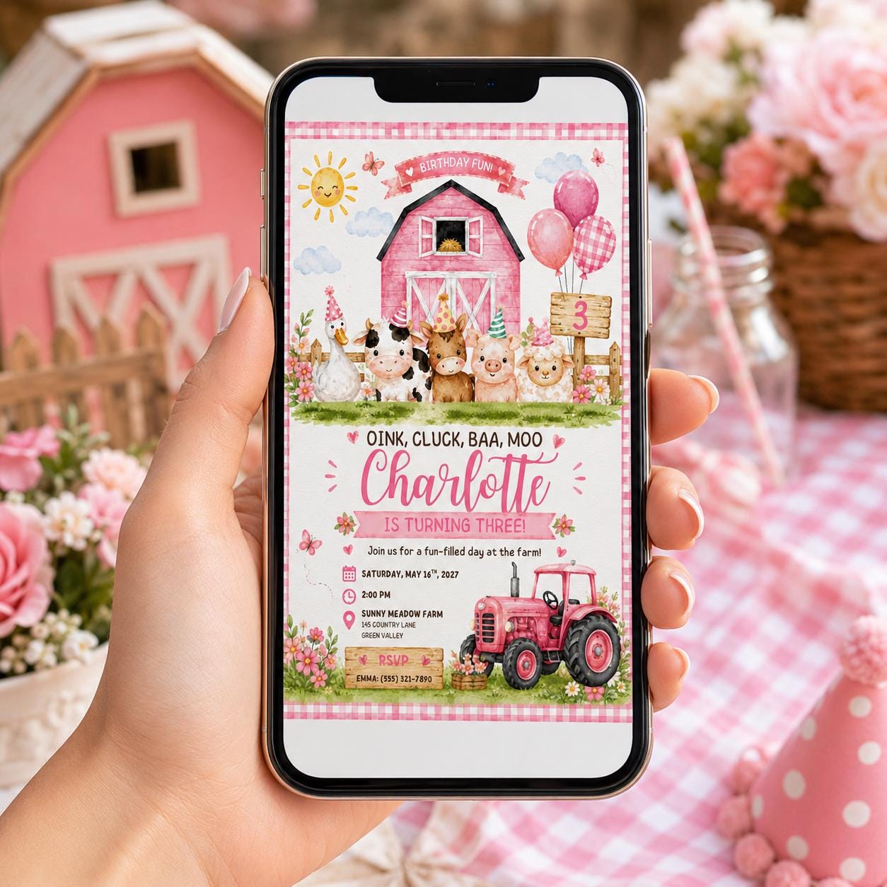 Editable Farm Animals Birthday Invitation Canva Template, Pink Girls Farm Cute Modern Fun DIY Chic Party Invite, Printable Digital Download.