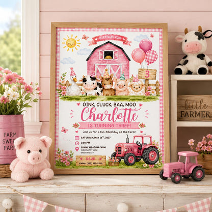 Editable Farm Animals Birthday Invitation Canva Template, Pink Girls Farm Cute Modern Fun DIY Chic Party Invite, Printable Digital Download.