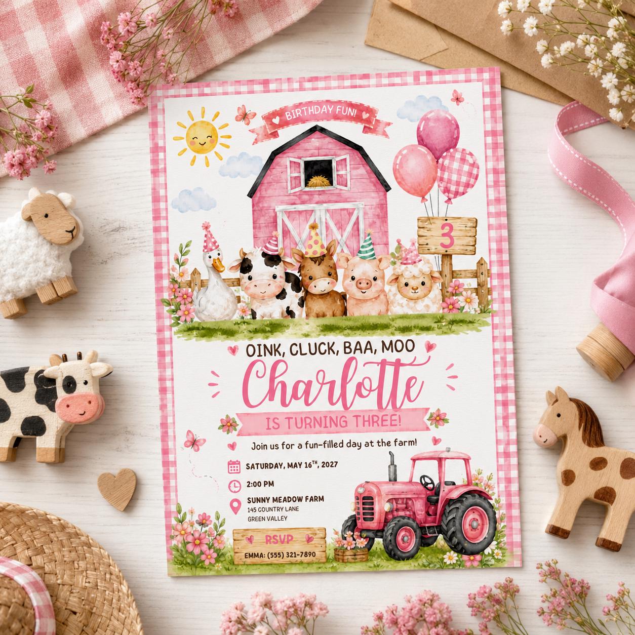 Editable Farm Animals Birthday Invitation Canva Template, Pink Girls Farm Cute Modern Fun DIY Chic Party Invite, Printable Digital Download.