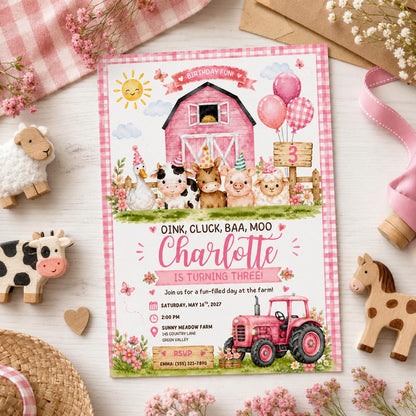 Editable Farm Animals Birthday Invitation Canva Template, Pink Girls Farm Cute Modern Fun DIY Chic Party Invite, Printable Digital Download.