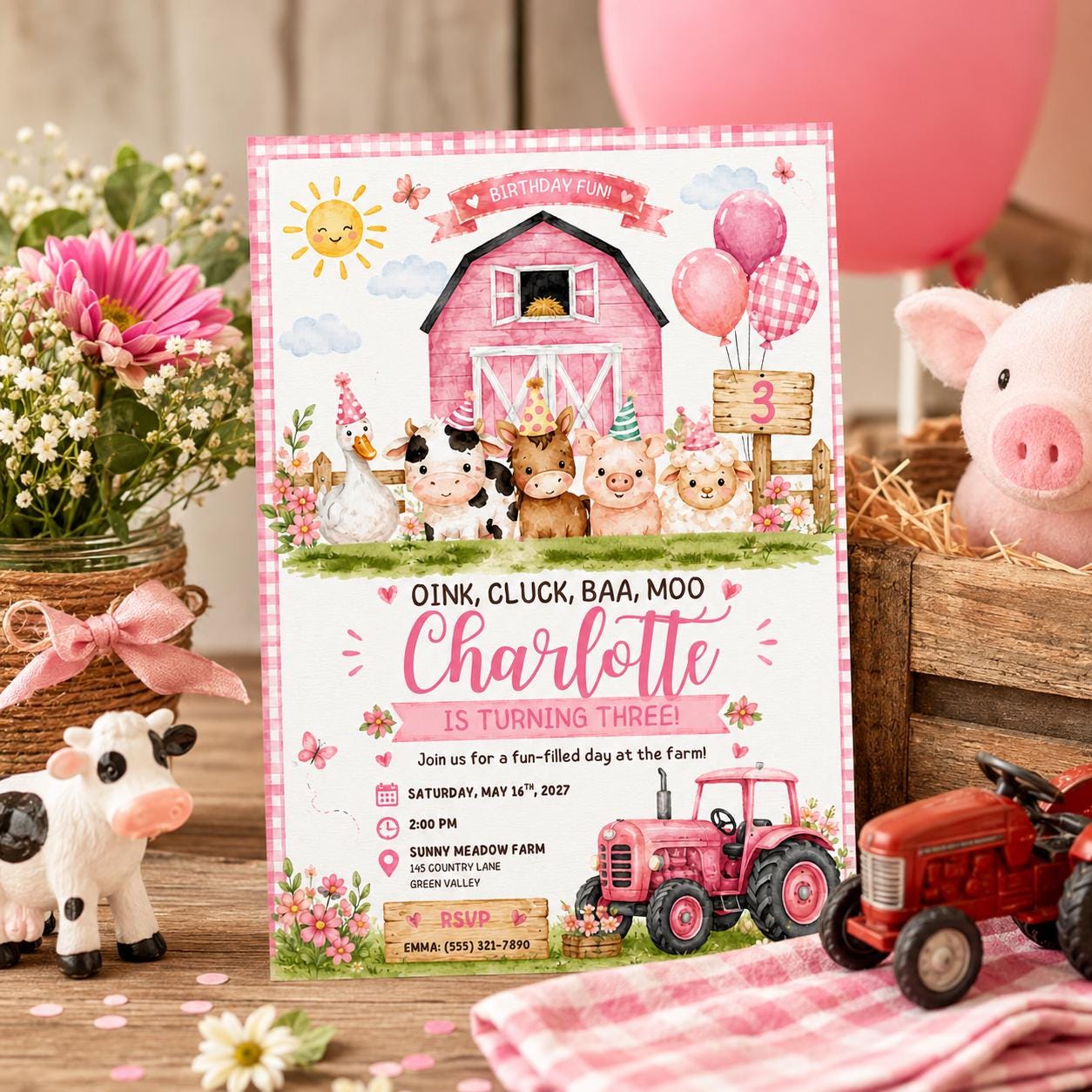 Editable Farm Animals Birthday Invitation Canva Template, Pink Girls Farm Cute Modern Fun DIY Chic Party Invite, Printable Digital Download.