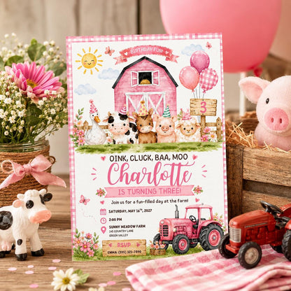 Editable Farm Animals Birthday Invitation Canva Template, Pink Girls Farm Cute Modern Fun DIY Chic Party Invite, Printable Digital Download.