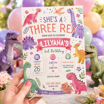 Editable Dinosaur Birthday Invitation Canva Template, Pink Pastel Cute Dino Fun DIY Chic Kids Teen Party Invite, Printable Digital Download.