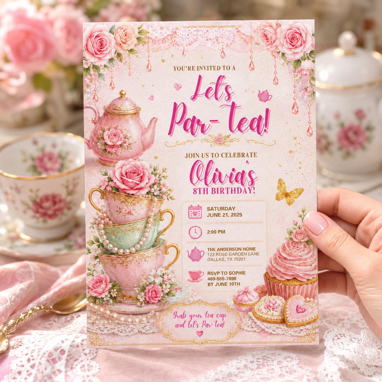 Editable Tea Birthday Invitation Canva Template, Pink Floral Girls Tea Cute Fun DIY Chic Kids Teen Party Invite, Printable Digital Download.