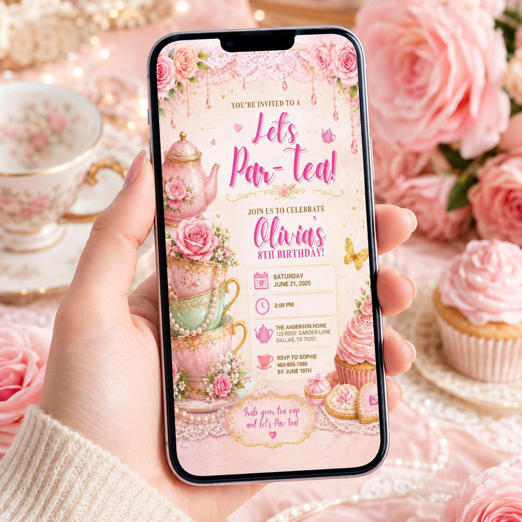 Editable Tea Birthday Invitation Canva Template, Pink Floral Girls Tea Cute Fun DIY Chic Kids Teen Party Invite, Printable Digital Download.