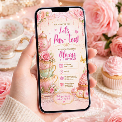 Editable Tea Birthday Invitation Canva Template, Pink Floral Girls Tea Cute Fun DIY Chic Kids Teen Party Invite, Printable Digital Download.