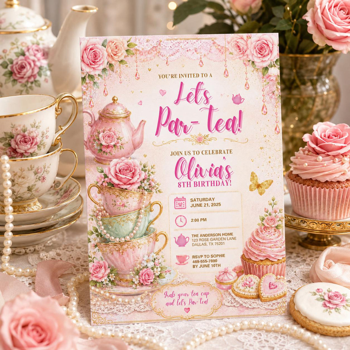 Editable Tea Birthday Invitation Canva Template, Pink Floral Girls Tea Cute Fun DIY Chic Kids Teen Party Invite, Printable Digital Download.