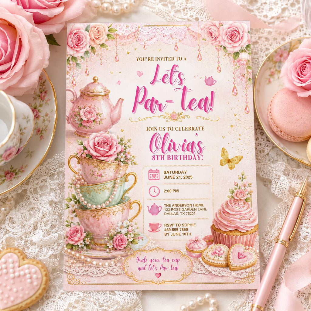 Editable Tea Birthday Invitation Canva Template, Pink Floral Girls Tea Cute Fun DIY Chic Kids Teen Party Invite, Printable Digital Download.