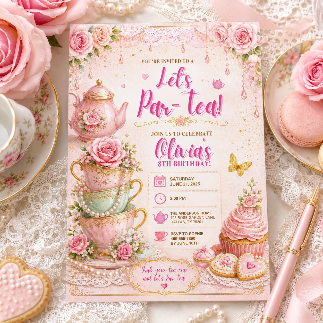 Editable Tea Birthday Invitation Canva Template, Pink Floral Girls Tea Cute Fun DIY Chic Kids Teen Party Invite, Printable Digital Download.