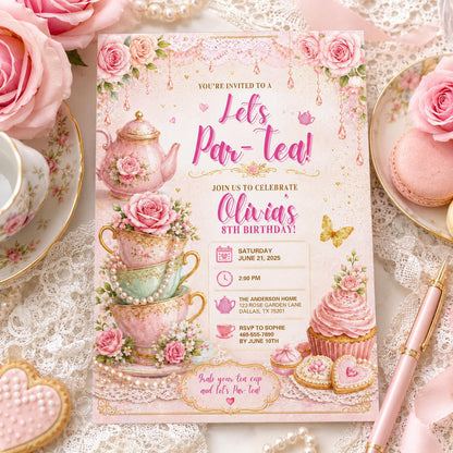 Editable Tea Birthday Invitation Canva Template, Pink Floral Girls Tea Cute Fun DIY Chic Kids Teen Party Invite, Printable Digital Download.