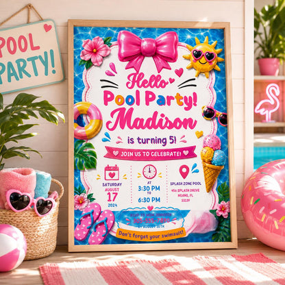 Editable Pool Birthday Invitation Canva Template, Pink Girls Pool Cute Modern Fun Themed DIY Sweet Party Invite, Printable Digital Download.