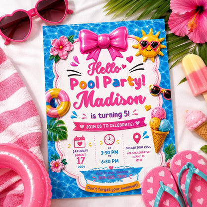Editable Pool Birthday Invitation Canva Template, Pink Girls Pool Cute Modern Fun Themed DIY Sweet Party Invite, Printable Digital Download.
