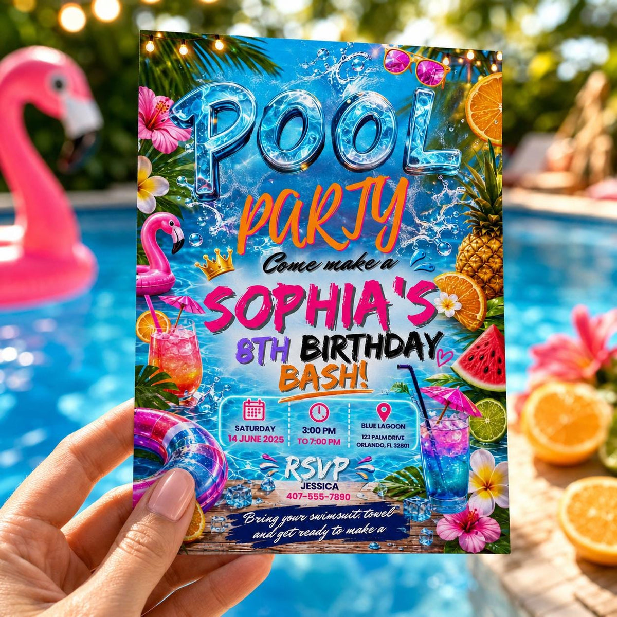 Editable Pool Birthday Invitation Canva Template, Girls Pool Cute Modern Fun Themed DIY Sweet Chic Party Invite, Printable Digital Download.