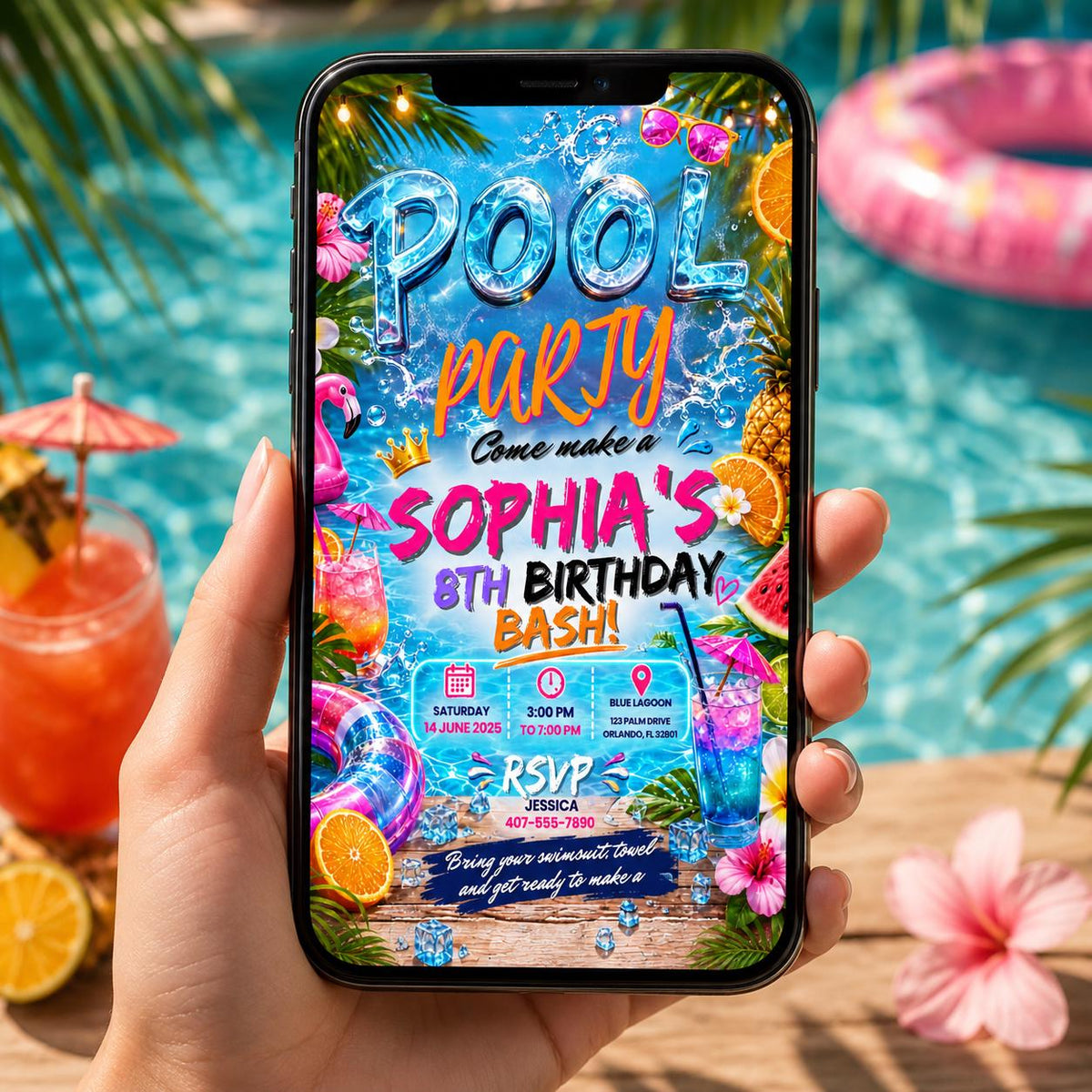 Editable Pool Birthday Invitation Canva Template, Girls Pool Cute Modern Fun Themed DIY Sweet Chic Party Invite, Printable Digital Download.