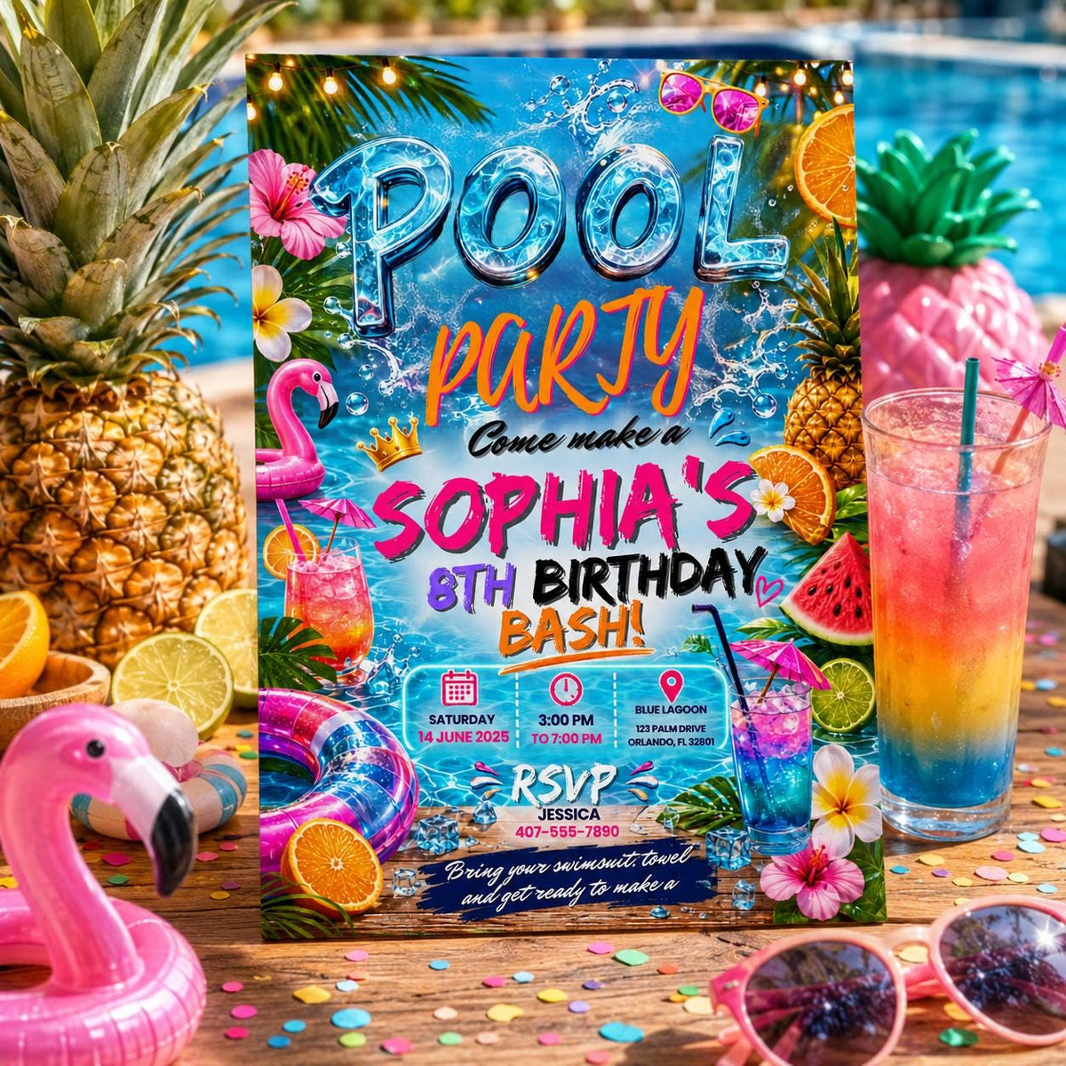 Editable Pool Birthday Invitation Canva Template, Girls Pool Cute Modern Fun Themed DIY Sweet Chic Party Invite, Printable Digital Download.