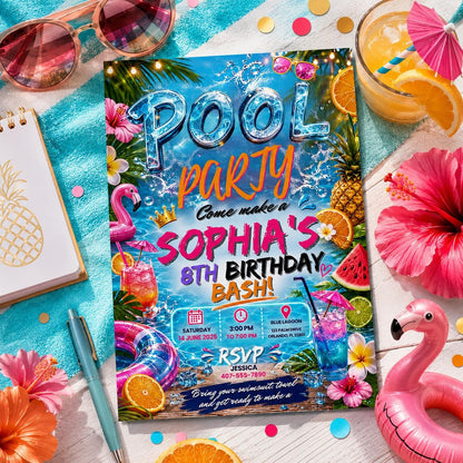 Editable Pool Birthday Invitation Canva Template, Girls Pool Cute Modern Fun Themed DIY Sweet Chic Party Invite, Printable Digital Download.
