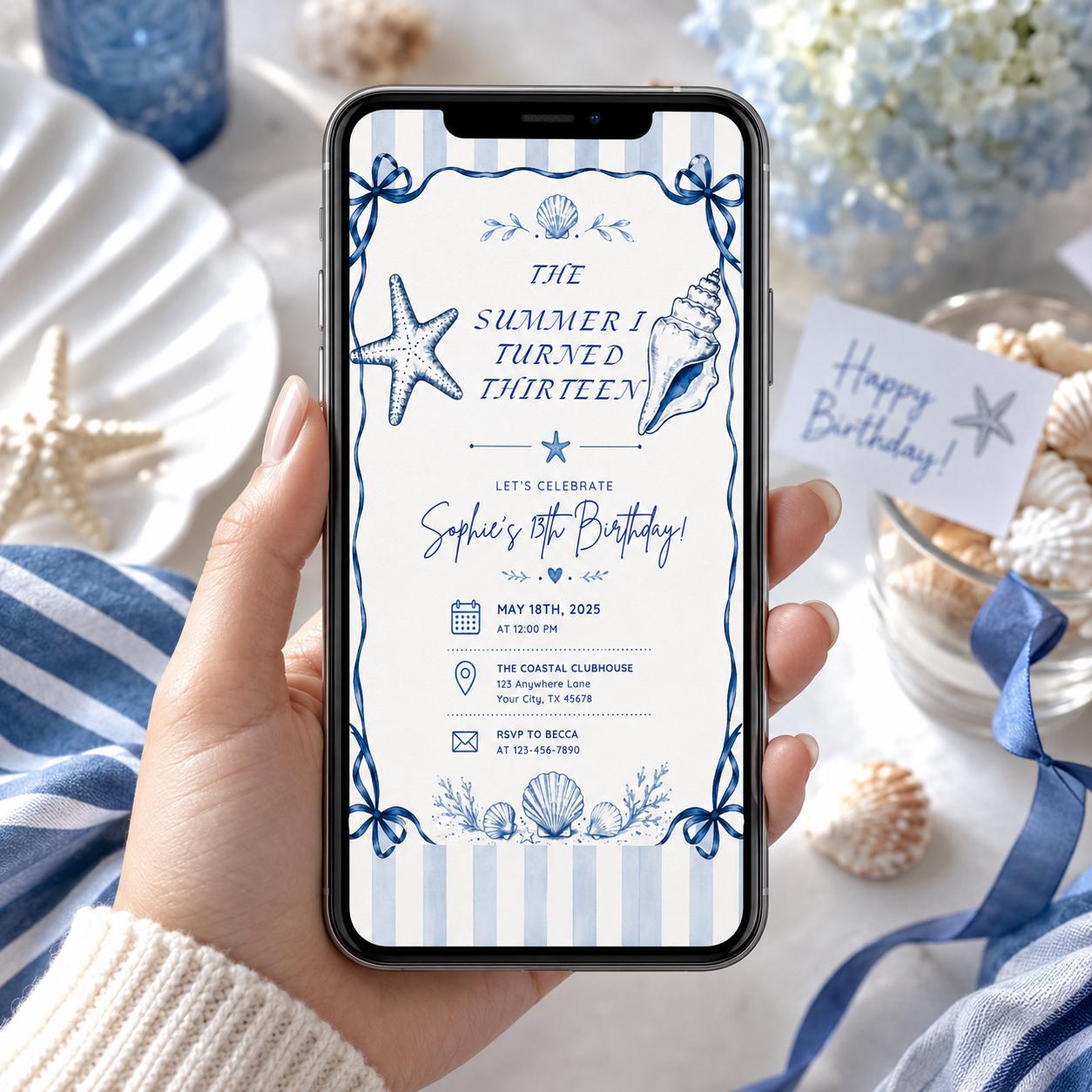 Editable Coastal Birthday Invitation Canva Template, Blue Girls Teens Beach Cute Fun DIY Chic Kids Party Invite, Printable Digital Download.