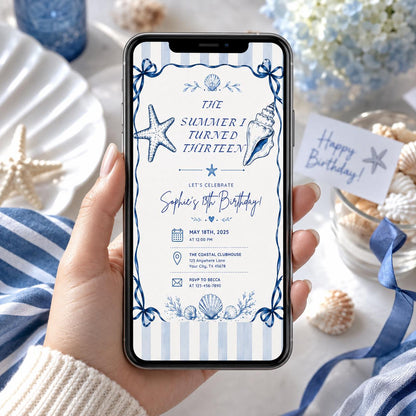 Editable Coastal Birthday Invitation Canva Template, Blue Girls Teens Beach Cute Fun DIY Chic Kids Party Invite, Printable Digital Download.