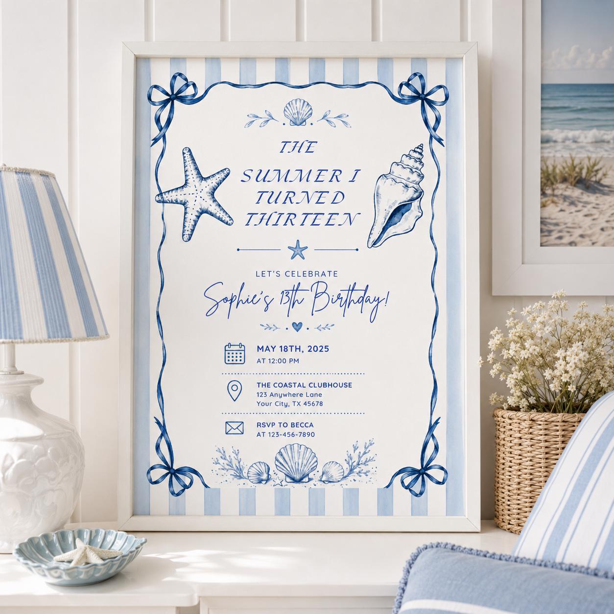 Editable Coastal Birthday Invitation Canva Template, Blue Girls Teens Beach Cute Fun DIY Chic Kids Party Invite, Printable Digital Download.