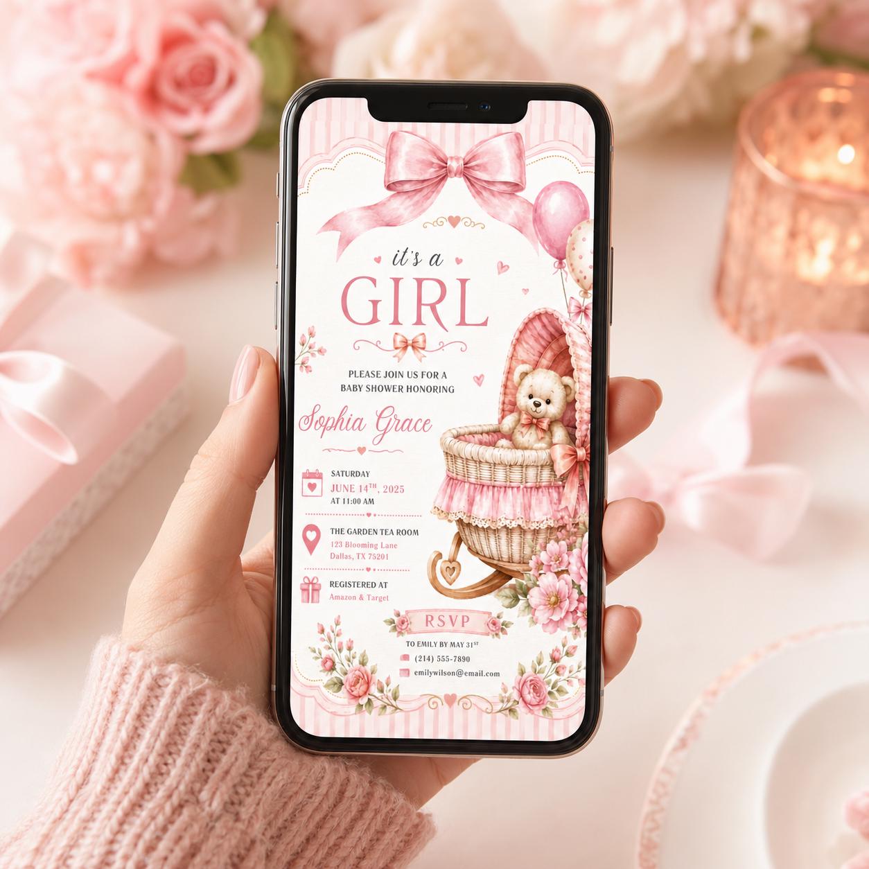 Editable Pink Bow Baby Shower Invitation Canva Template, Blush Modern Luxury Bow Cute Fun DIY Chic Party Invite, Printable Digital Download.