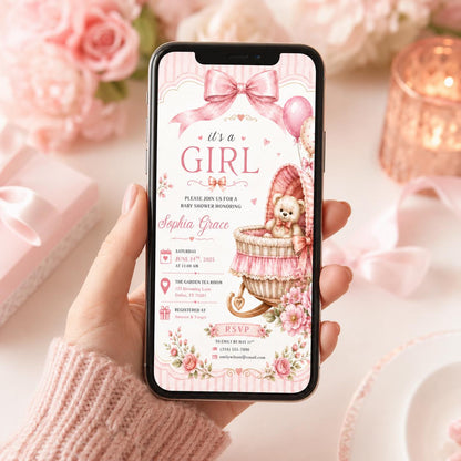 Editable Pink Bow Baby Shower Invitation Canva Template, Blush Modern Luxury Bow Cute Fun DIY Chic Party Invite, Printable Digital Download.