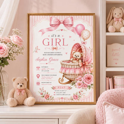 Editable Pink Bow Baby Shower Invitation Canva Template, Blush Modern Luxury Bow Cute Fun DIY Chic Party Invite, Printable Digital Download.