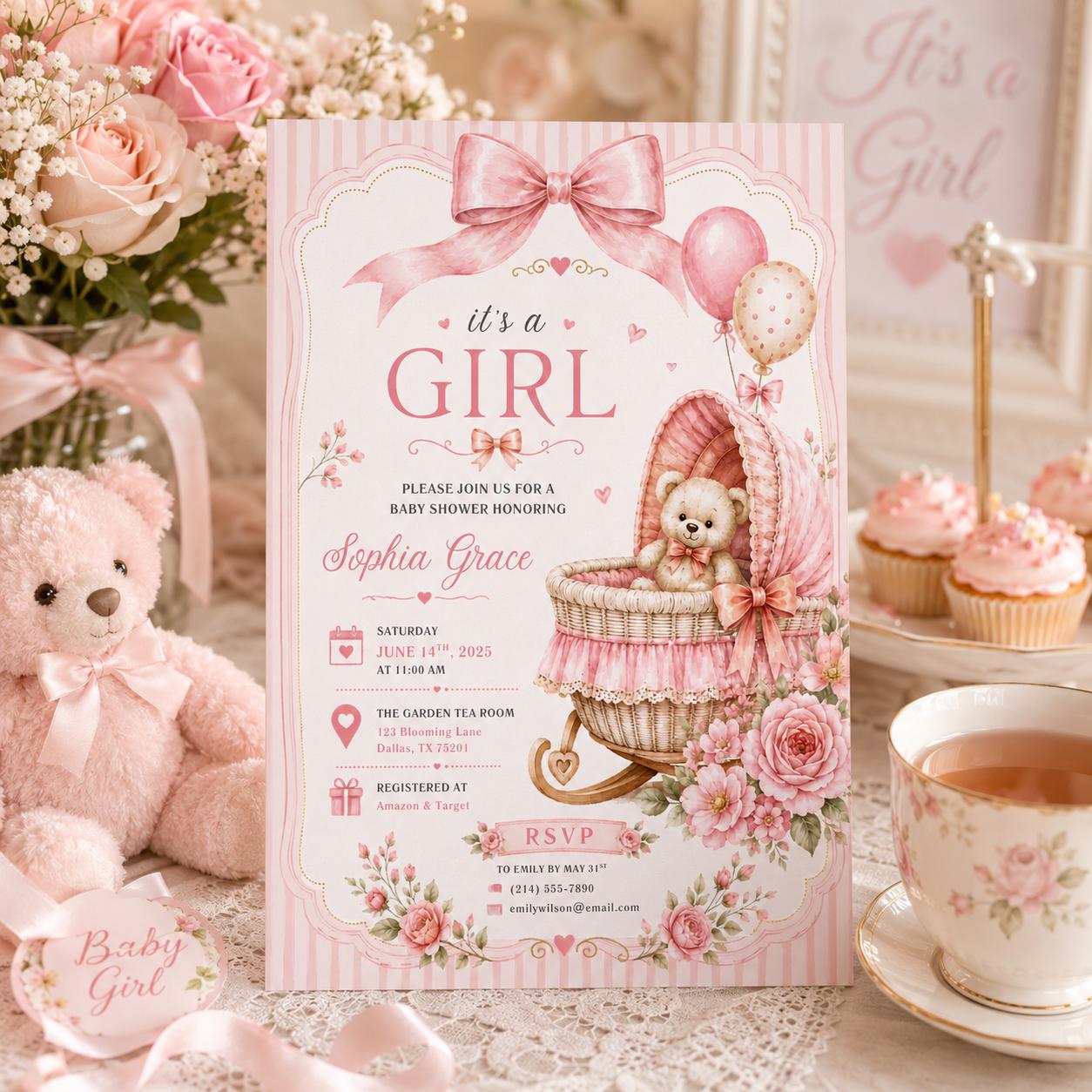 Editable Pink Bow Baby Shower Invitation Canva Template, Blush Modern Luxury Bow Cute Fun DIY Chic Party Invite, Printable Digital Download.