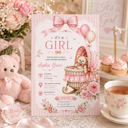 Editable Pink Bow Baby Shower Invitation Canva Template, Blush Modern Luxury Bow Cute Fun DIY Chic Party Invite, Printable Digital Download.