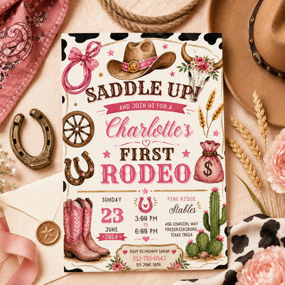 Editable Western Cowgirl Birthday Invitation Canva Template, Girls Kids Cute Modern Fun Themed DIY Party Invite, Printable Digital Download.