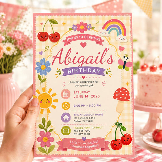 Editable Garden Birthday Invitation Canva Template, Pastel Girls Kids Cute Fun DIY Sweet Chic Teen Party Invite, Printable Digital Download.