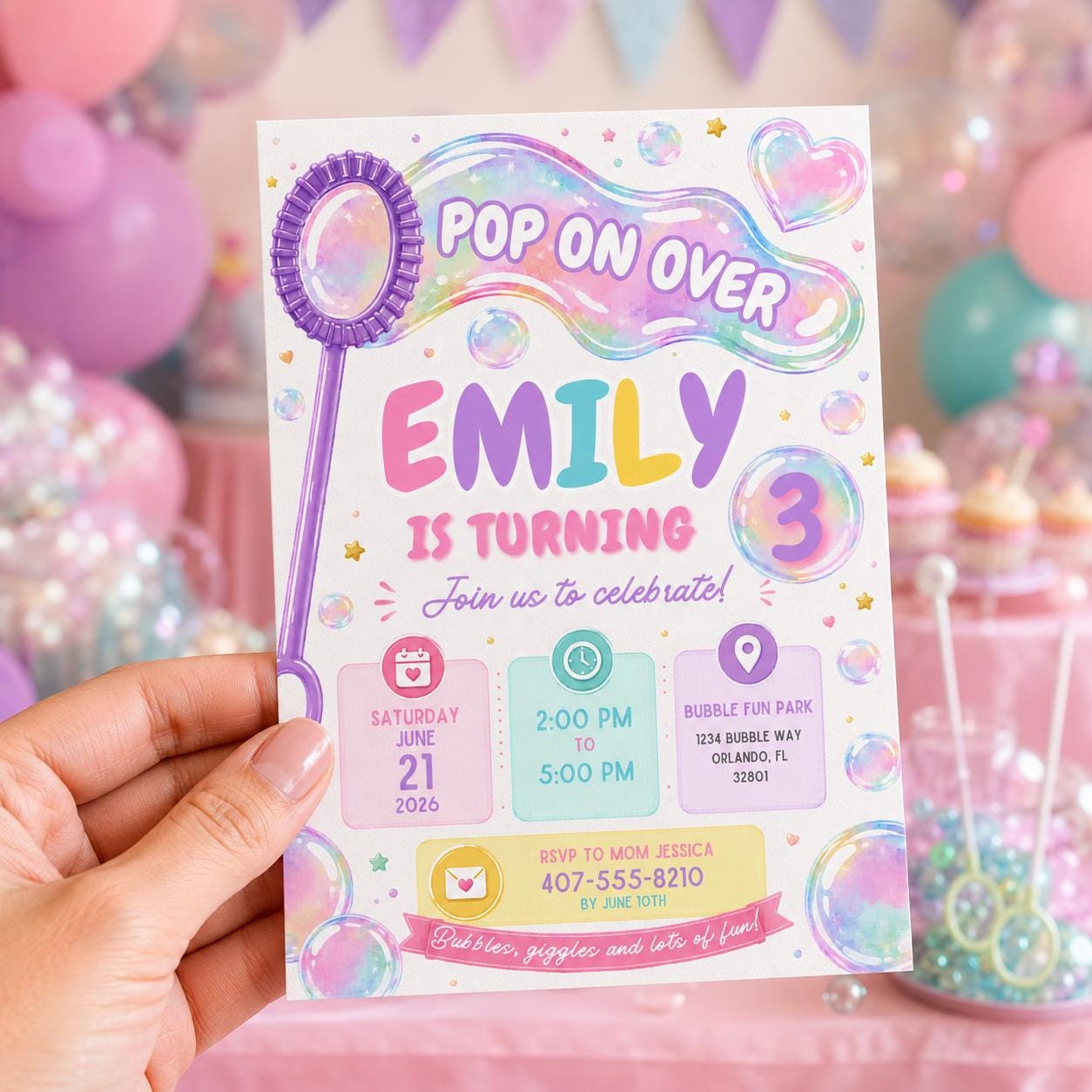 Editable Pastel Bubble Birthday Invitation Canva Template, Girls Kids Cute Fun DIY Sweet Chic Teen Party Invite, Printable Digital Download.