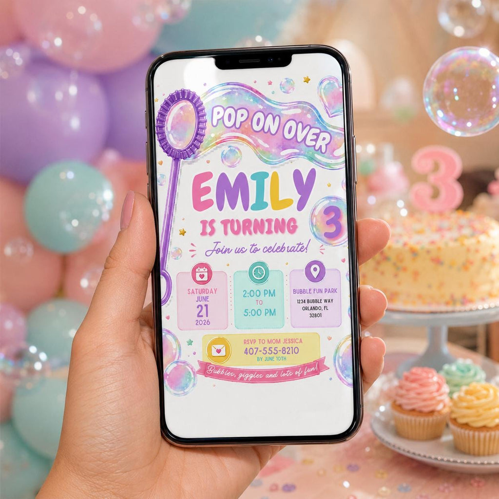 Editable Pastel Bubble Birthday Invitation Canva Template, Girls Kids Cute Fun DIY Sweet Chic Teen Party Invite, Printable Digital Download.