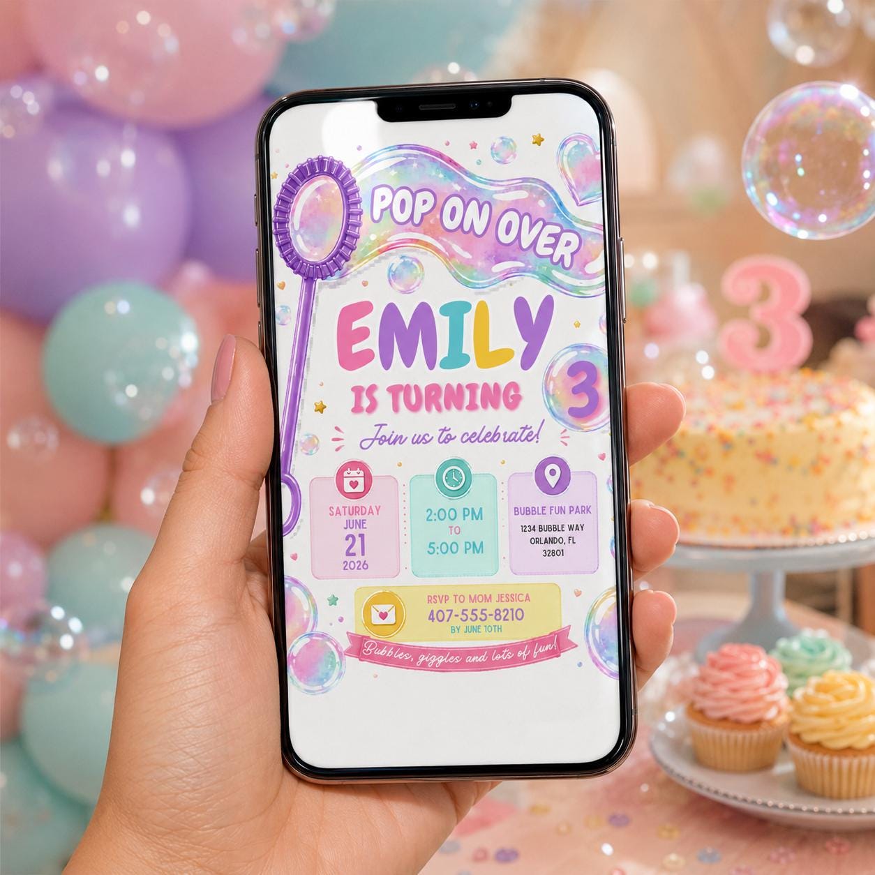 Editable Pastel Bubble Birthday Invitation Canva Template, Girls Kids Cute Fun DIY Sweet Chic Teen Party Invite, Printable Digital Download.