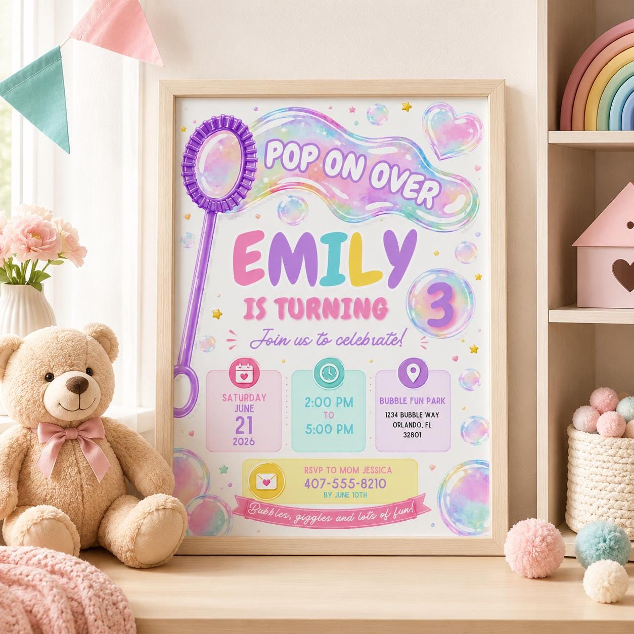 Editable Pastel Bubble Birthday Invitation Canva Template, Girls Kids Cute Fun DIY Sweet Chic Teen Party Invite, Printable Digital Download.