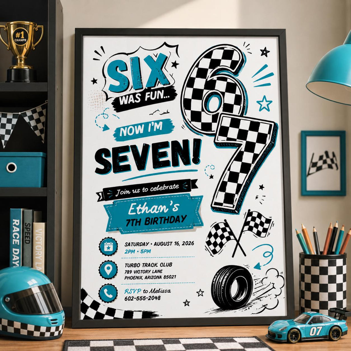 Editable 7th Birthday Invitation Canva Template, Retro Groovy Boys Kids Cute Modern Fun Themed DIY Party Invite, Printable Digital Download.
