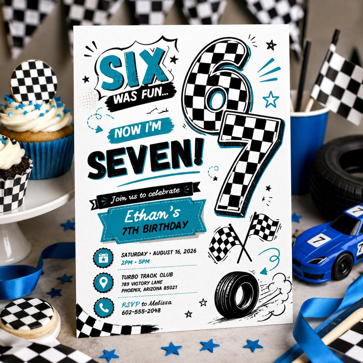 Editable 7th Birthday Invitation Canva Template, Retro Groovy Boys Kids Cute Modern Fun Themed DIY Party Invite, Printable Digital Download.