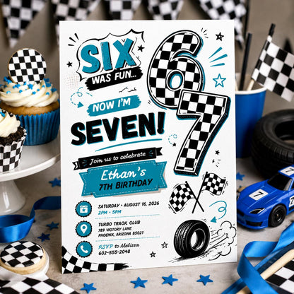 Editable 7th Birthday Invitation Canva Template, Retro Groovy Boys Kids Cute Modern Fun Themed DIY Party Invite, Printable Digital Download.