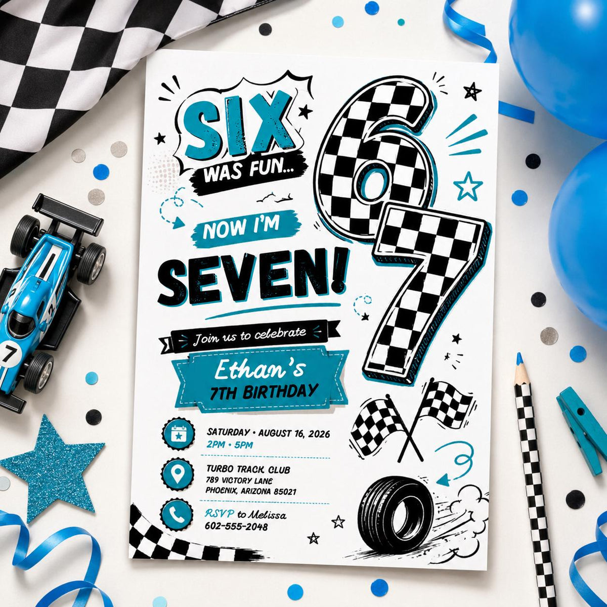 Editable 7th Birthday Invitation Canva Template, Retro Groovy Boys Kids Cute Modern Fun Themed DIY Party Invite, Printable Digital Download.