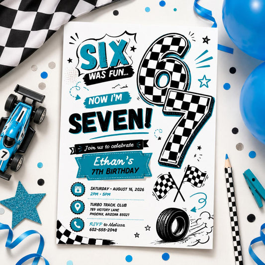 Editable 7th Birthday Invitation Canva Template, Retro Groovy Boys Kids Cute Modern Fun Themed DIY Party Invite, Printable Digital Download.