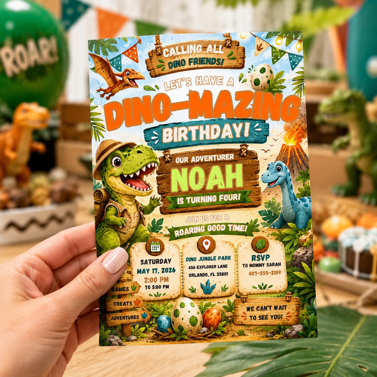 Editable Dinosaur Birthday Invitation Canva Template, Boys Dino Cute Modern Fun DIY Chic Kids Teen Party Invite, Printable Digital Download.