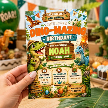 Editable Dinosaur Birthday Invitation Canva Template, Boys Dino Cute Modern Fun DIY Chic Kids Teen Party Invite, Printable Digital Download.