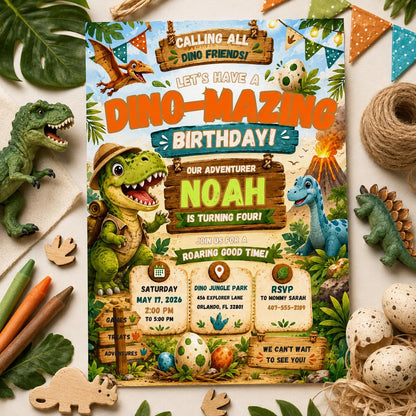 Editable Dinosaur Birthday Invitation Canva Template, Boys Dino Cute Modern Fun DIY Chic Kids Teen Party Invite, Printable Digital Download.