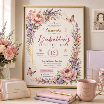 Editable Floral Birthday Invitation Canva Template, Kids Floral Cute Fun DIY Sweet Chic Teen Tween Party Invite, Printable Digital Download.