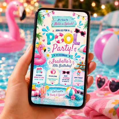 Editable Pool Party Birthday Invitation Canva Template, Pastel Summer Swim Party Invite for Girls, Kids, Any Age Printable Digital Download.