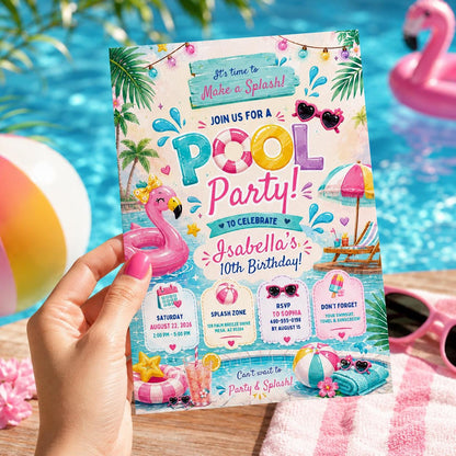 Editable Pool Party Birthday Invitation Canva Template, Pastel Summer Swim Party Invite for Girls, Kids, Any Age Printable Digital Download.