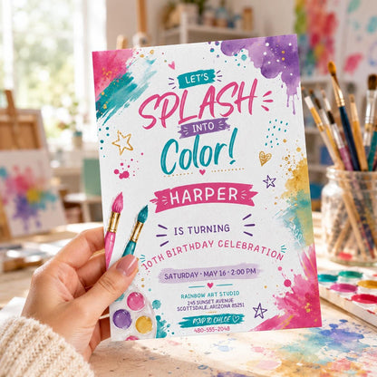 Editable Art Paint Birthday Invitation Canva Template, Girls Cute Modern Fun Themed DIY Sweet Chic Party Invite, Printable Digital Download.